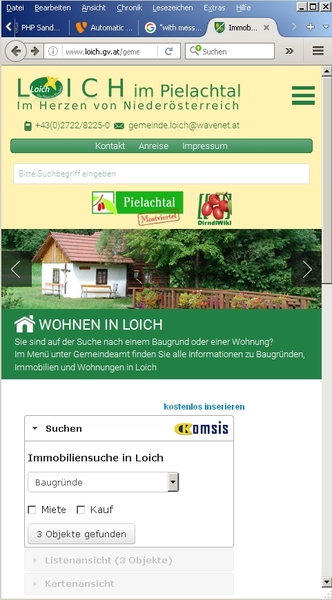 Mobiloptimierte Gemeindewebseite von Loich mit KOMSIS-Immobiliensuche