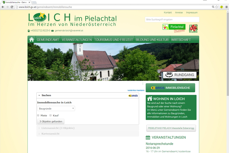 Webseite der Gemeinde Loich mit KOMSIS-Immobiliensuche