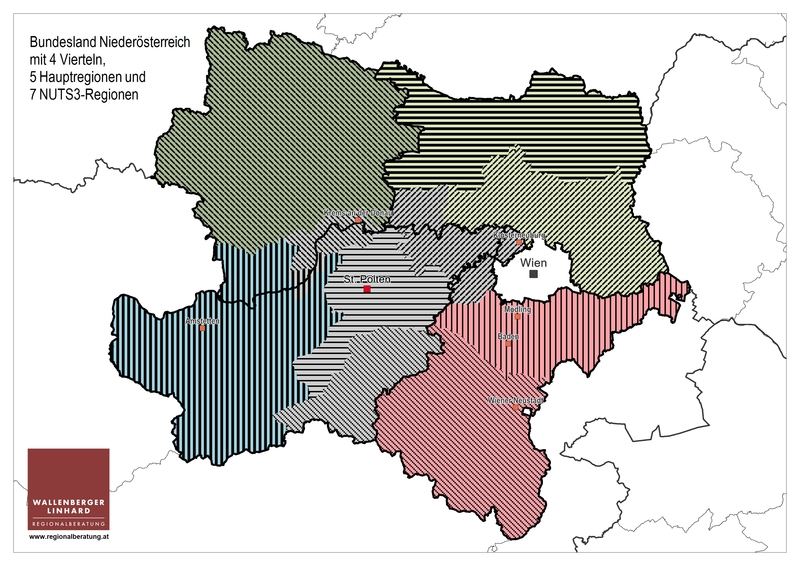 Karte Niederösterreich mit 4 Viertel, 5 Hauptregionen und 7 NUTS3-Regionen